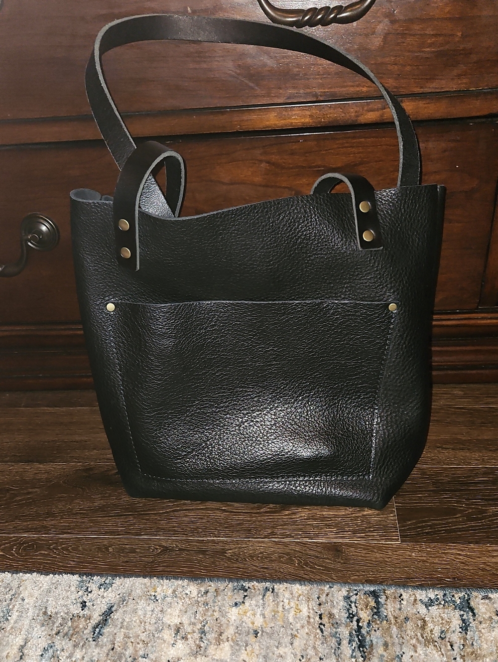 Portland Leather Black Pebbled Leather Tote with Exterior Pocket